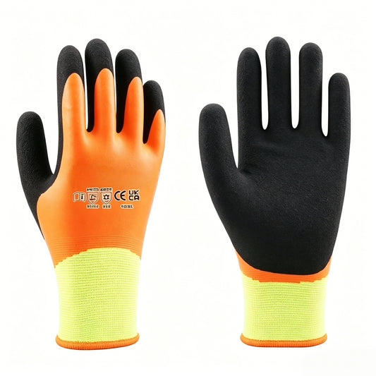 W2101 double liner acrylic terry winter gloves, sandy latex anti-slip coating, touch screen compatible, reinforced thumb area, EN511 low temperature protection